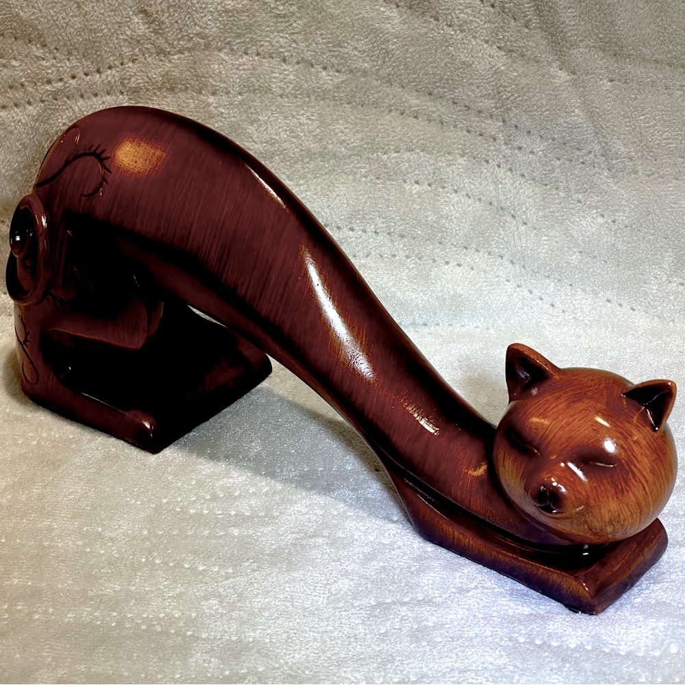 Minimalist Hand Craved Solid Wood Feline Cat Sculpture w/ Scroll Pattern Details